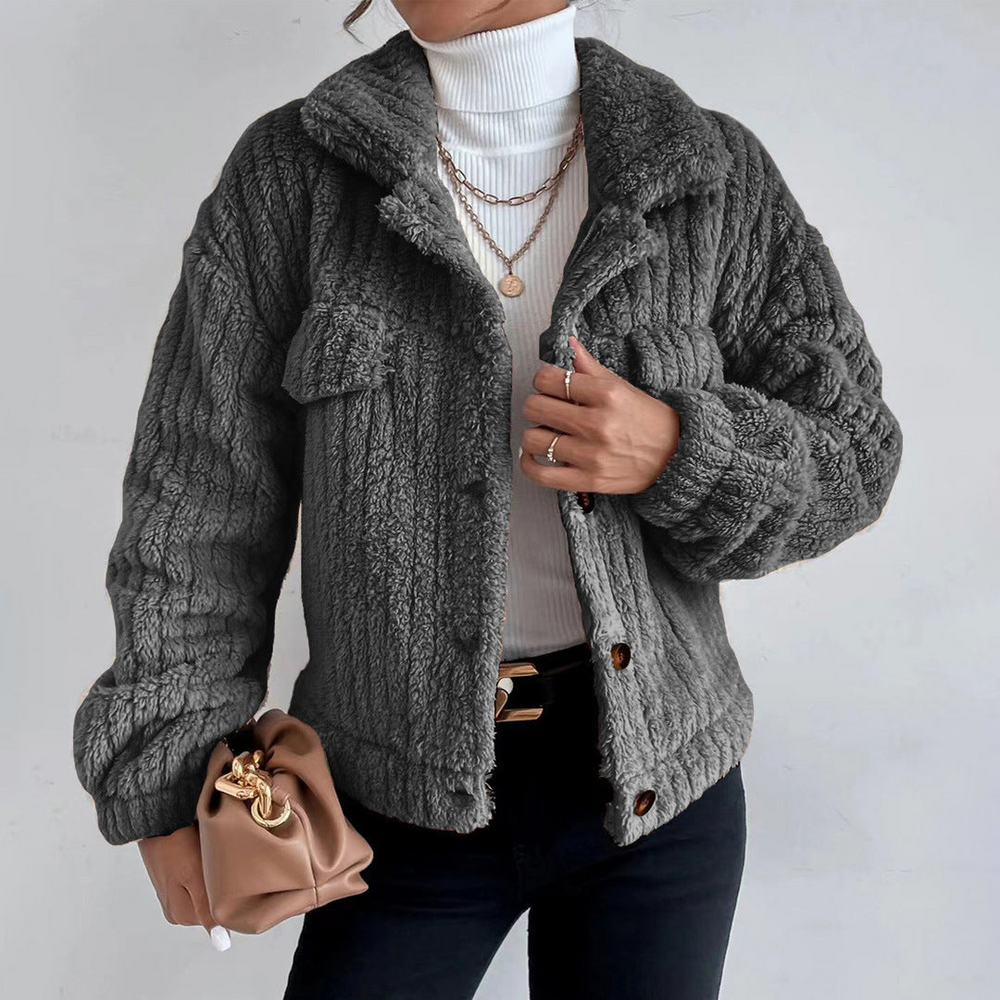 Odessa button-down sherpa jacket in dark gray, front view close-up