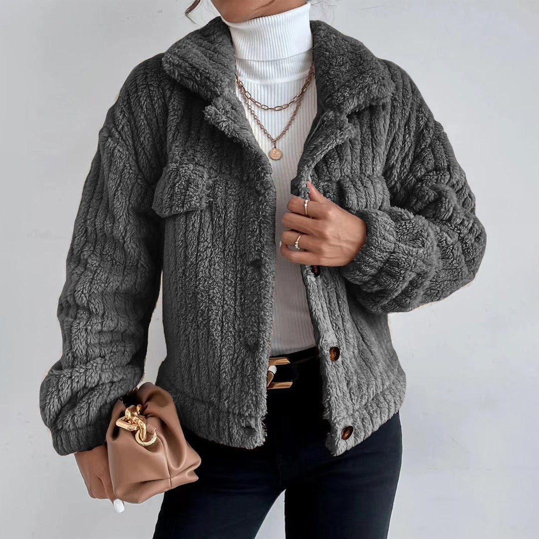 Odessa button-down sherpa jacket in dark gray, front view close-up