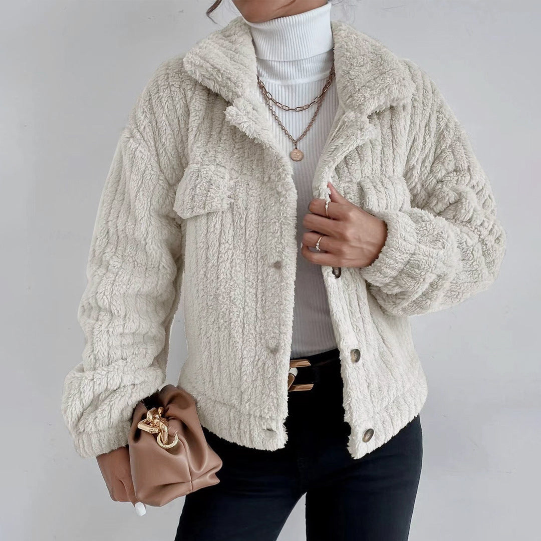 Odessa button-down sherpa jacket in white, front view close-up