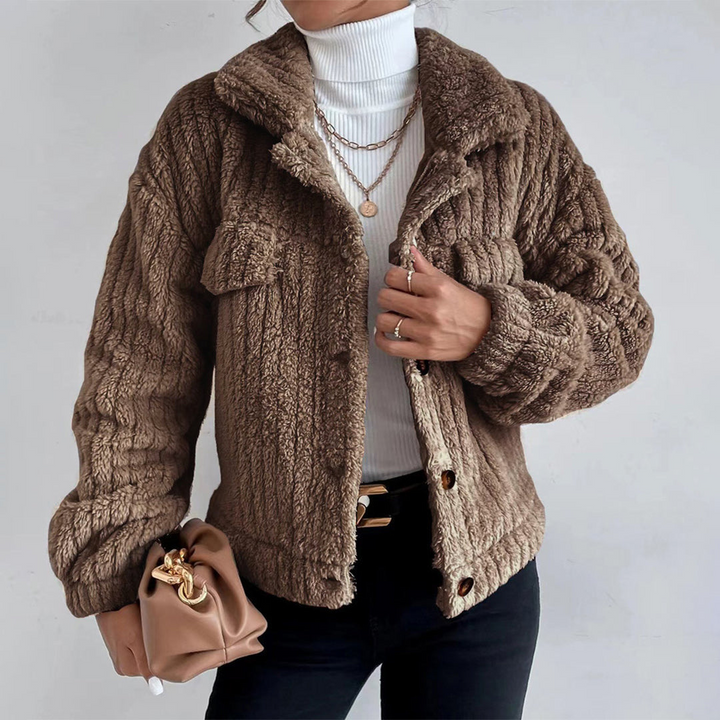 Odessa button-down sherpa jacket in brown, front view close-up