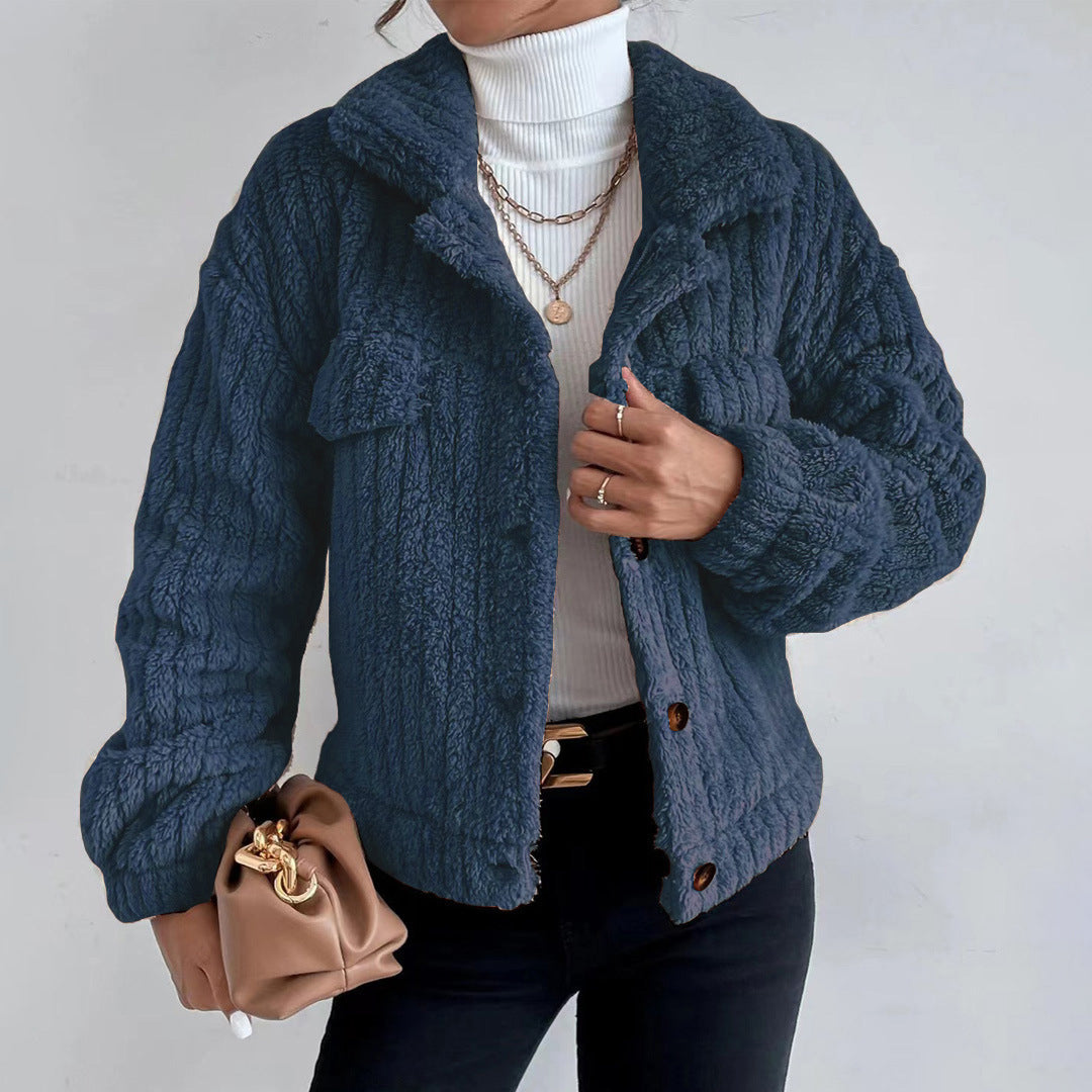 Odessa button-down sherpa jacket in brown, front view close-up