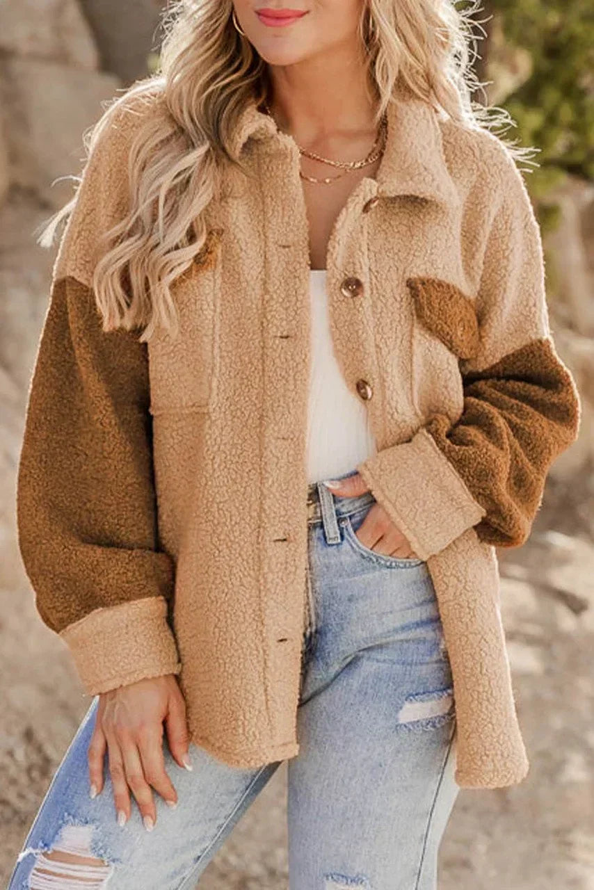 Presley colorblock sherpa jacket with button down front, close-up view