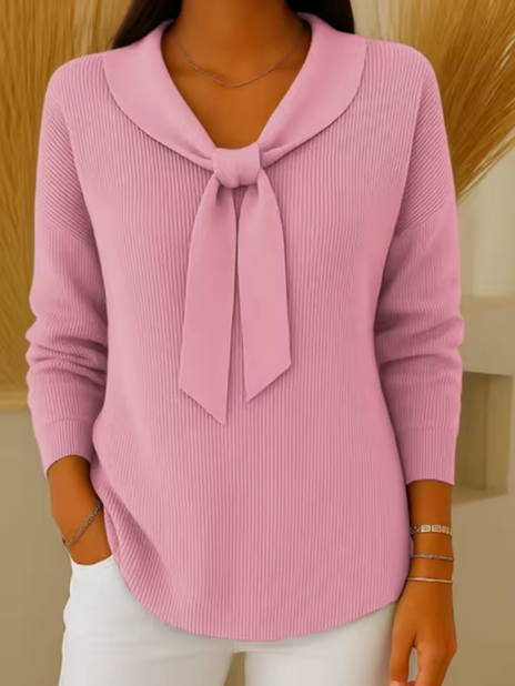 Prudence pink ribbed knit sweater with bow neckline, front view