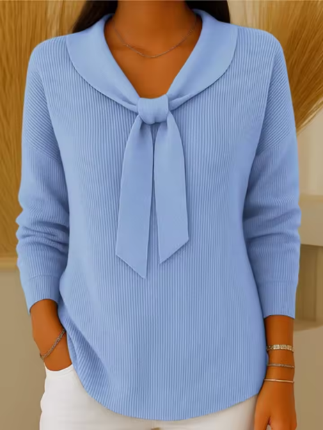 Prudence light blue ribbed knit sweater with bow neckline, front view