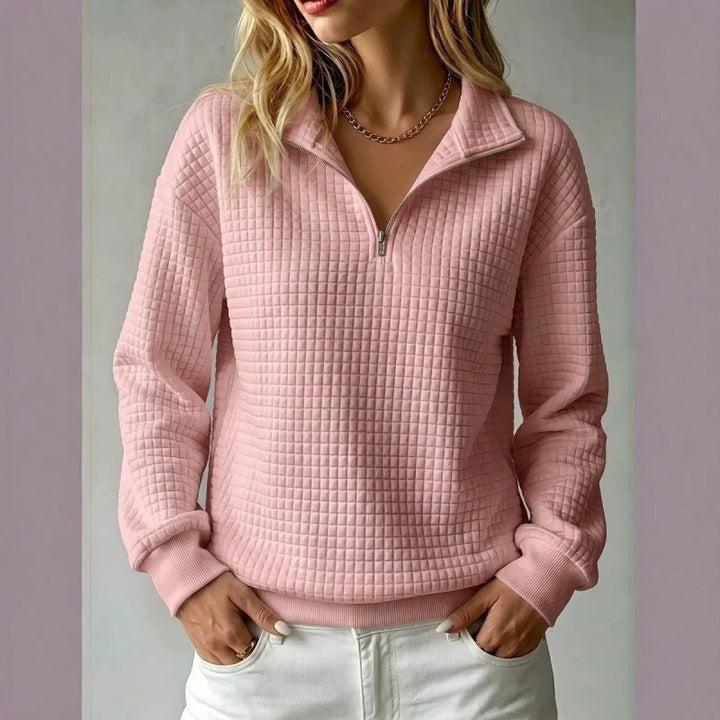 Prudence quarter zip textured pullover sweatshirt in pink, front view