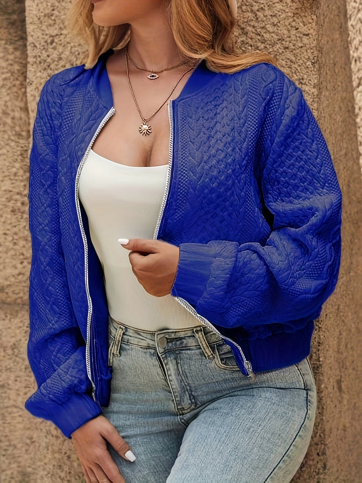 Quinn textured bomber jacket in blue, front view zipped open over white top