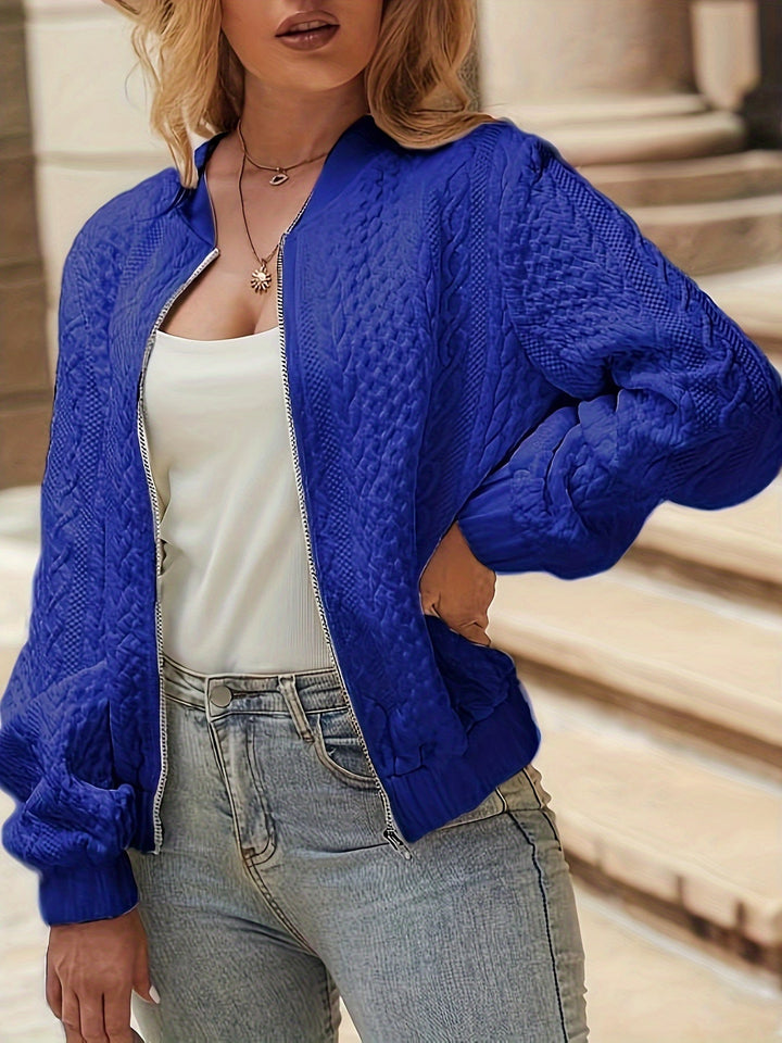 Quinn textured bomber jacket in blue, front view with hand in pocket