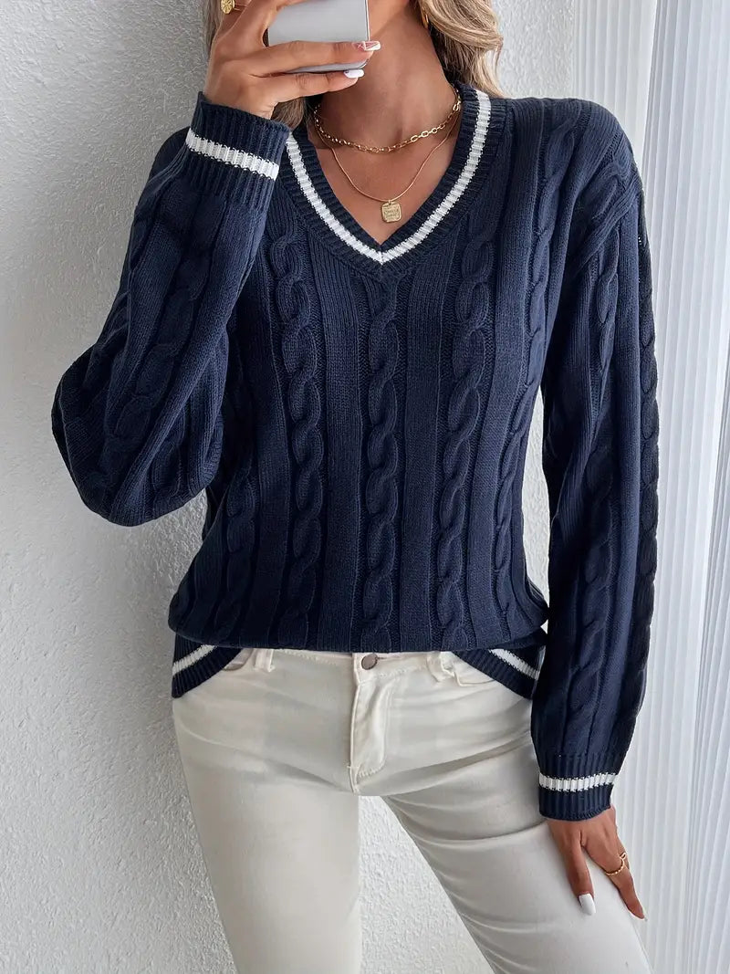 Rosalie cable knit V-neck sweater with striped trim, close-up front view