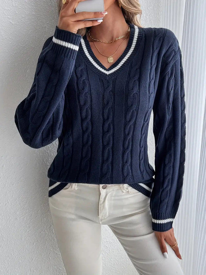 Rosalie cable knit V-neck sweater with striped trim, close-up front view
