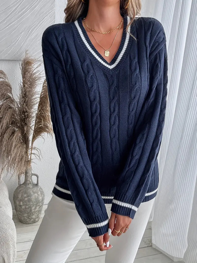 Rosalie navy cable knit sweater, front view with layered necklaces