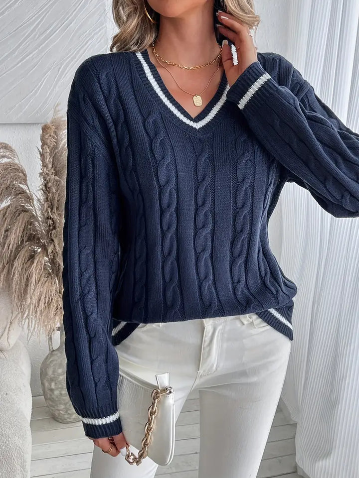 Rosalie cable knit sweater with striped cuffs, styled with white jeans