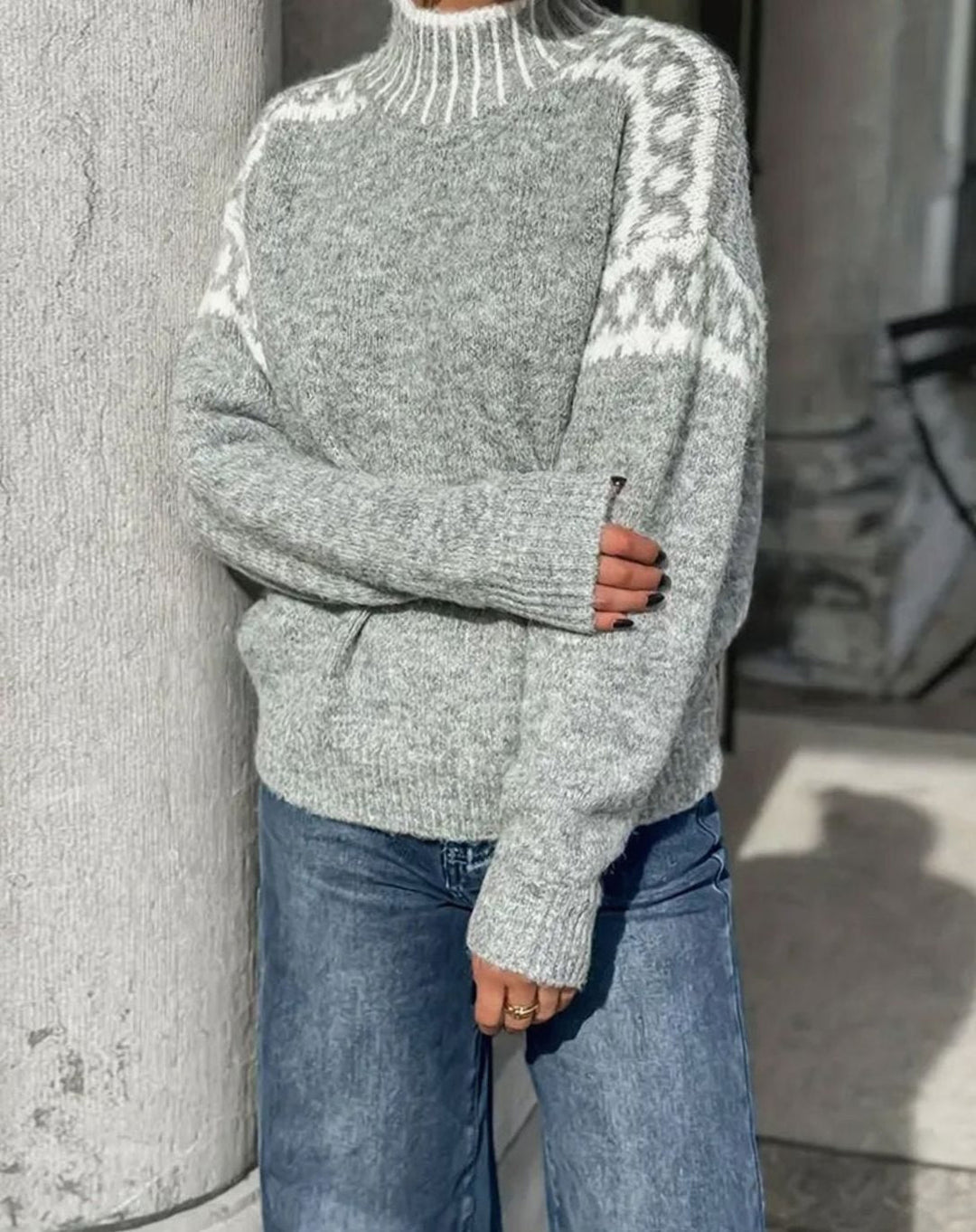 Rosalie Fair Isle turtleneck relaxed-fit knit sweater in gray, close-up detail view