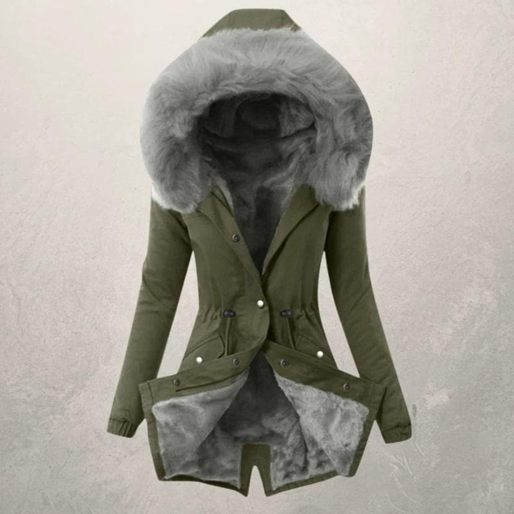 Rosalie faux fur hooded parka jacket in green with grey fur trim, front view