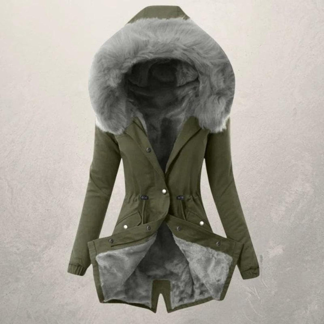 Rosalie faux fur hooded parka jacket in green with grey fur trim, front view