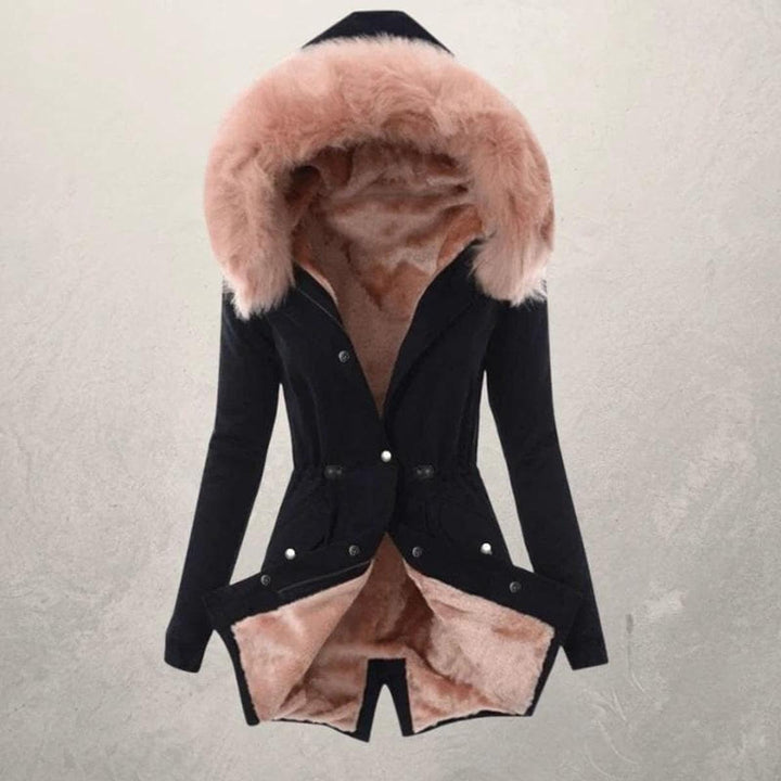 Rosalie faux fur hooded parka jacket in black with pink fur trim, front view