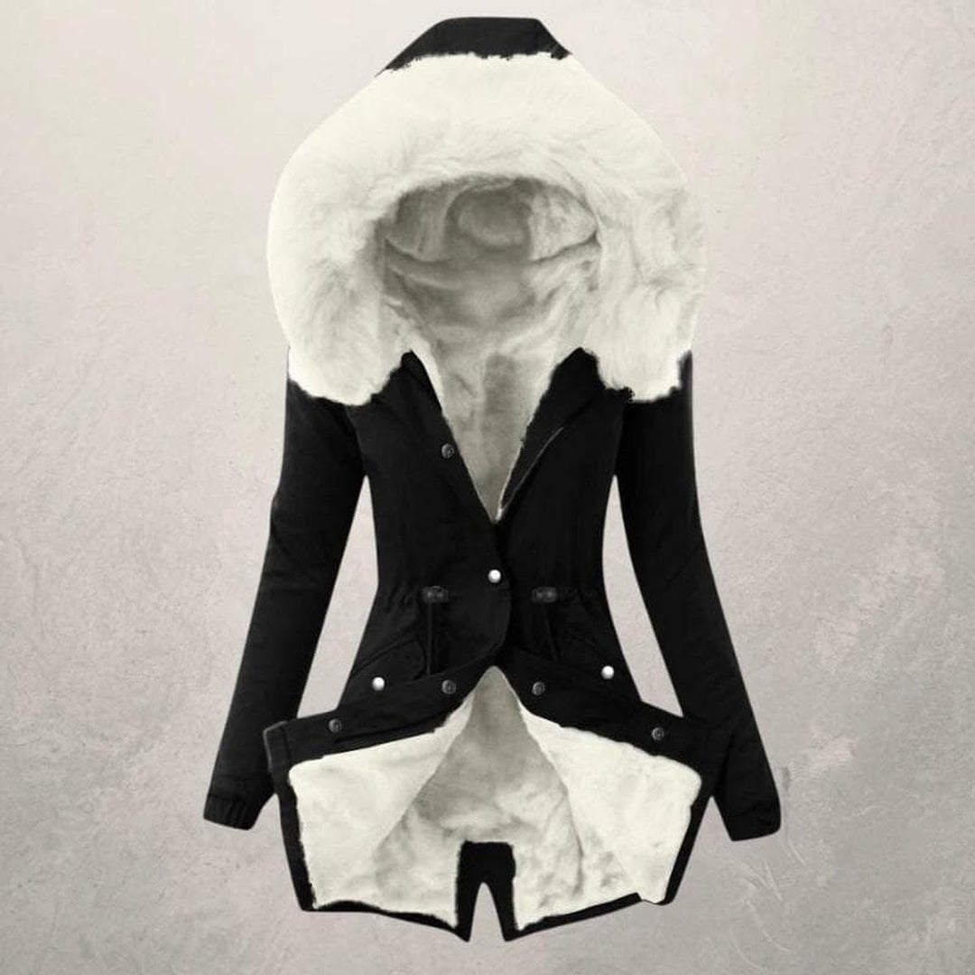 Rosalie faux fur hooded parka jacket in black with white fur trim, front view