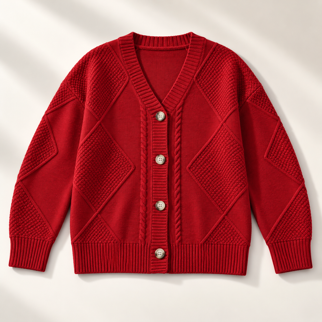 Rosalind cable knit button cardigan in pink, flat lay front view
