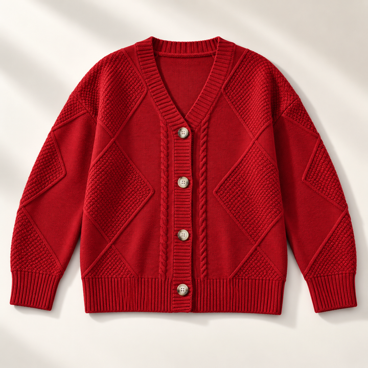 Rosalind cable knit button cardigan in pink, flat lay front view