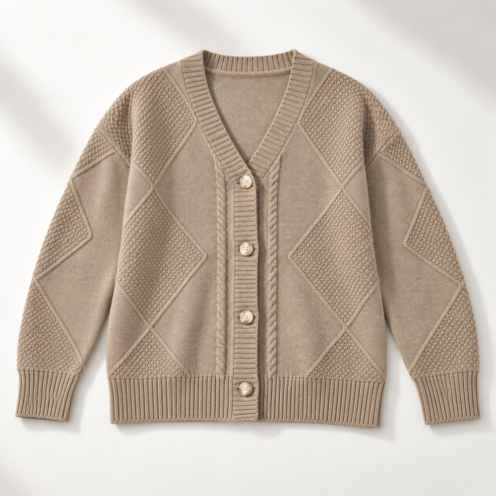 Rosalind cable knit button cardigan, flat lay front view