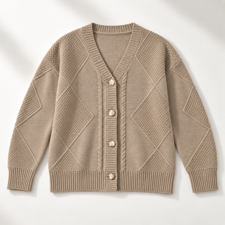 Rosalind cable knit button cardigan, flat lay front view