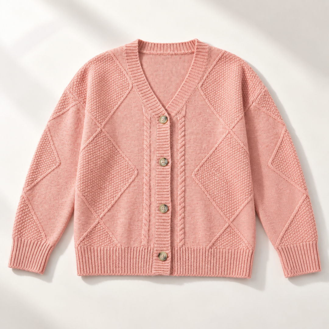 Rosalind cable knit button cardigan in pink, flat lay front view