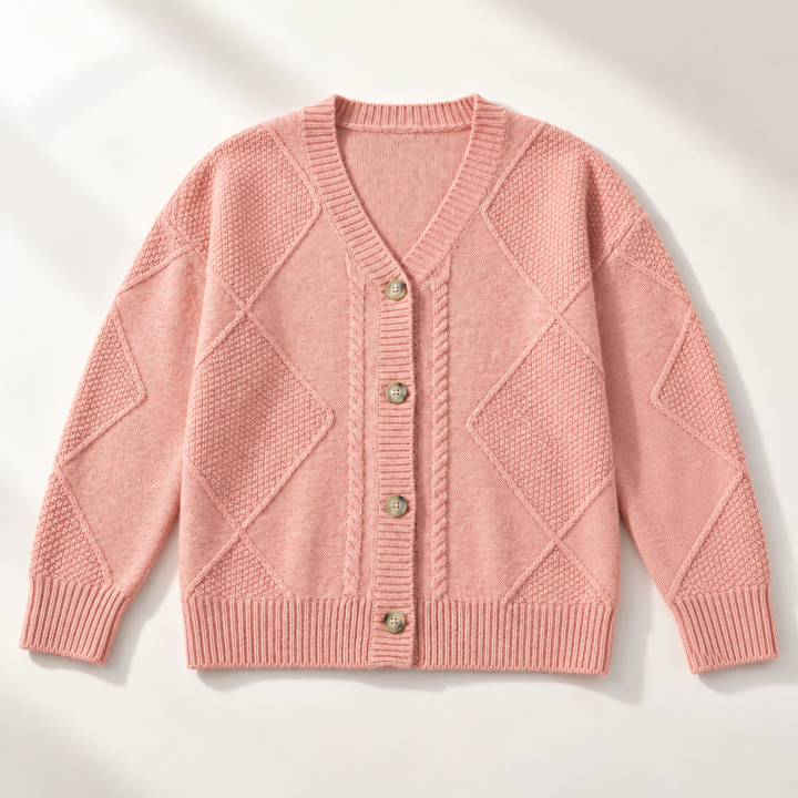 Rosalind cable knit button cardigan in pink, flat lay front view