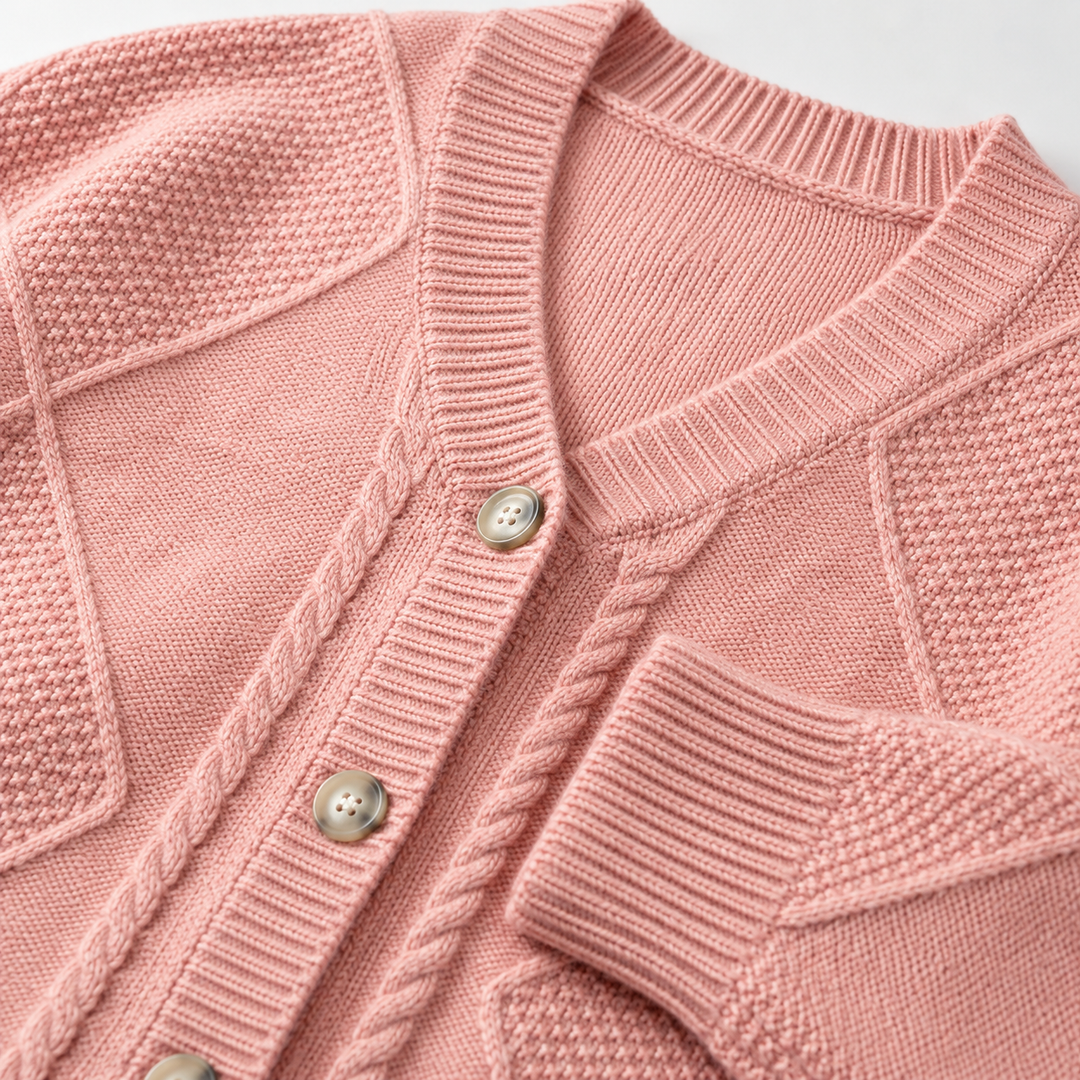 Rosalind cable knit button cardigan in pink, flat lay front view