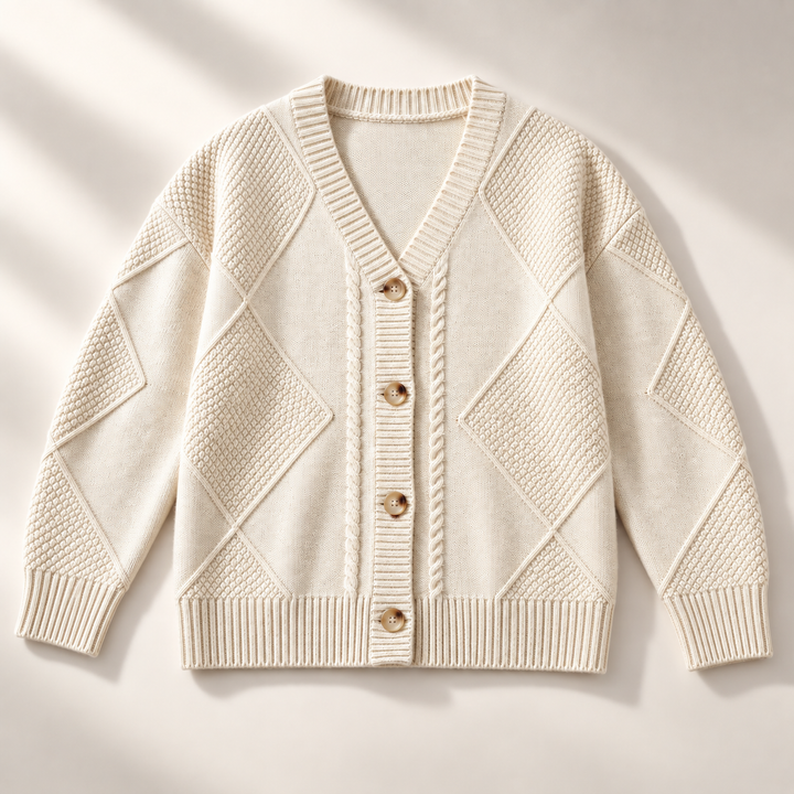 Rosalind cable knit button cardigan in pink, flat lay front view