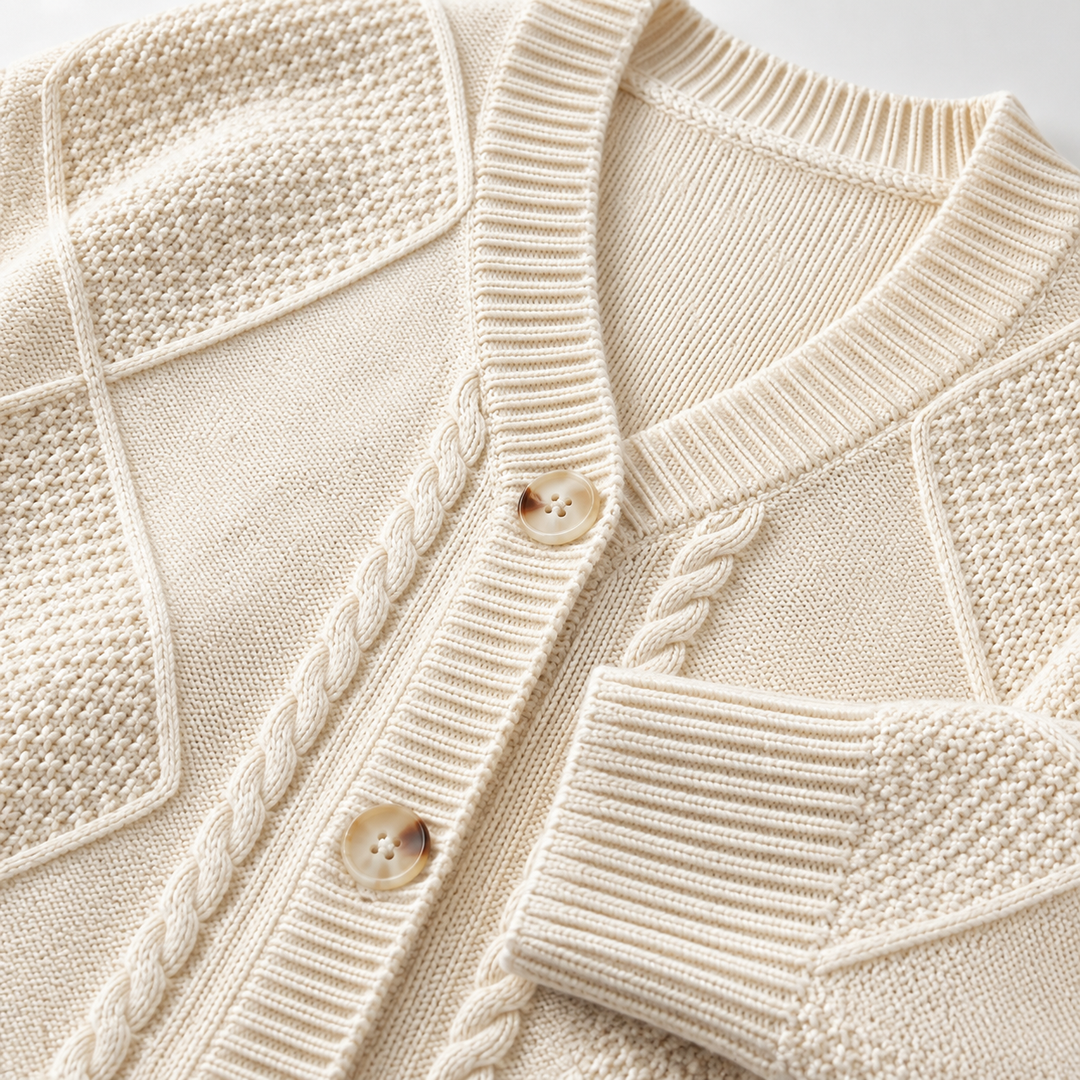 Rosalind cable knit button cardigan in pink, flat lay front view