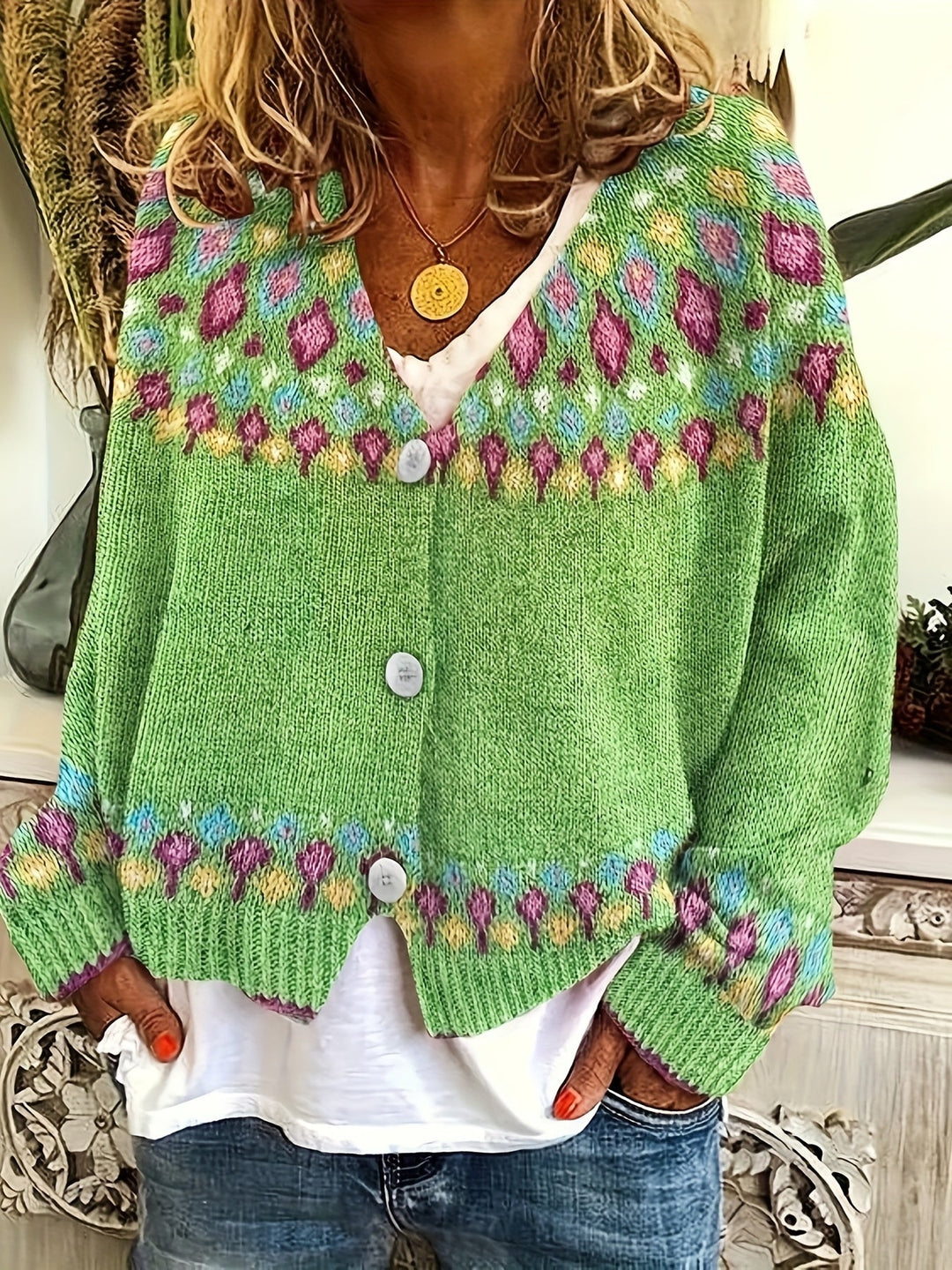Rosalind Fair Isle knit cardigan, green, close-up front view with buttons