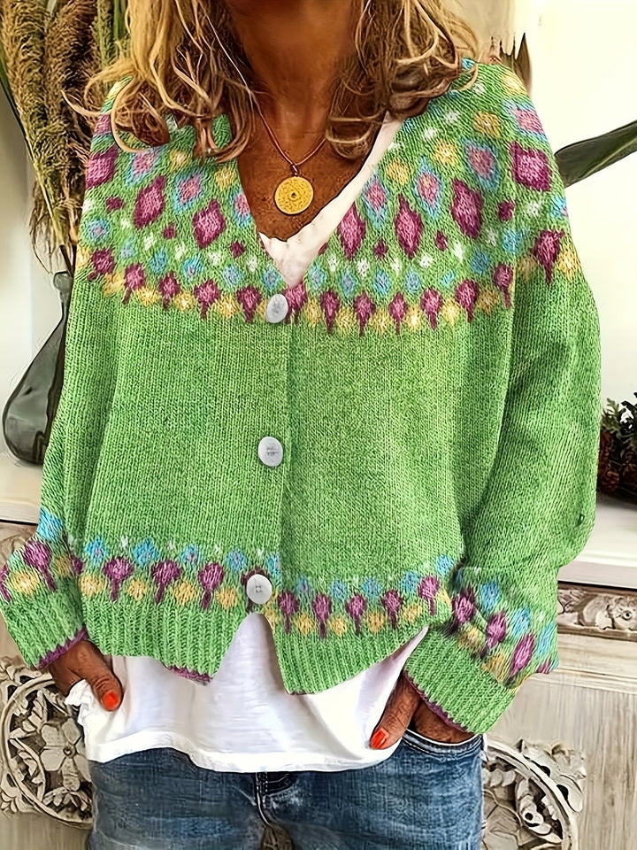 Rosalind Fair Isle knit cardigan, green, close-up front view with buttons