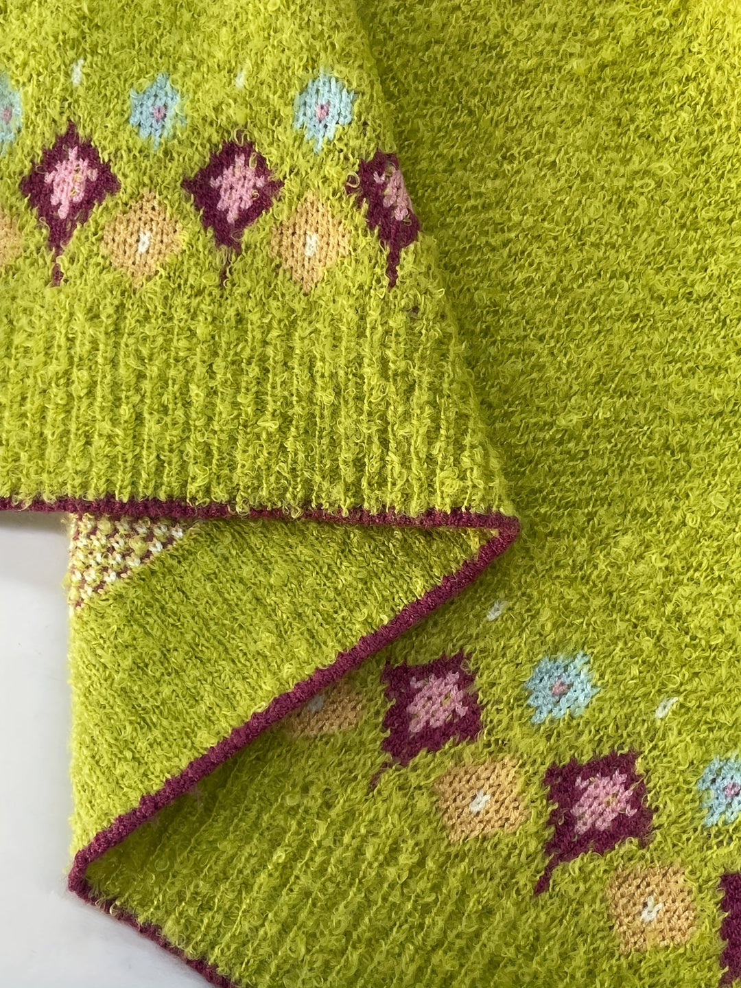 Rosalind Fair Isle knit cardigan, greenish yellow, cuff detail close-up