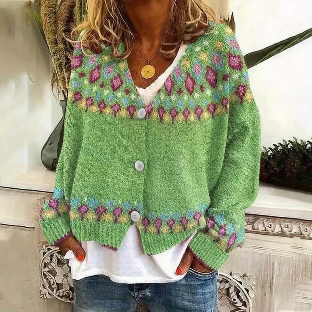 Rosalind Fair Isle knit cardigan, green, front view on model