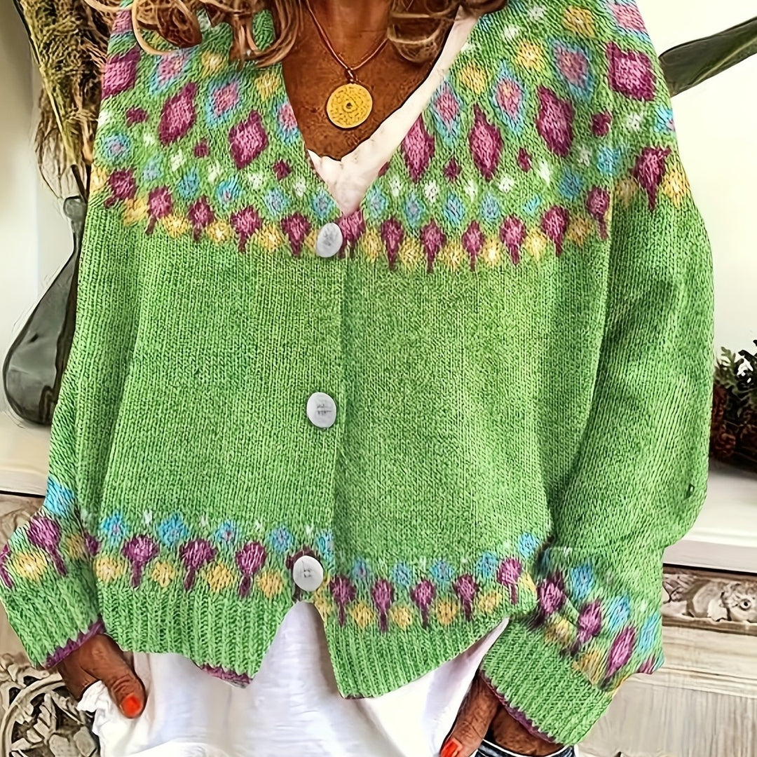 Rosalind Fair Isle knit cardigan, green, close-up front view with buttons