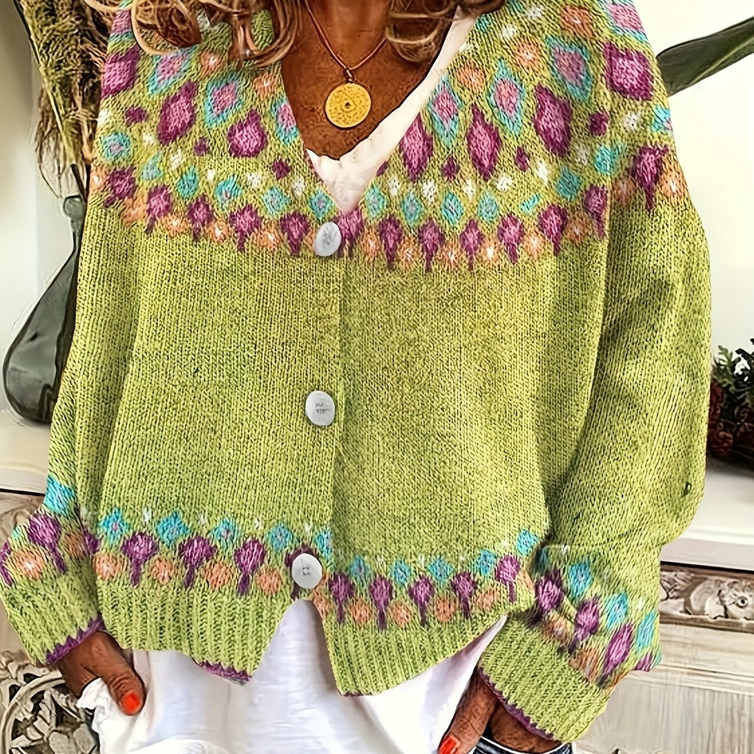 Rosalind Fair Isle knit cardigan, greenish yellow, close-up front view with buttons