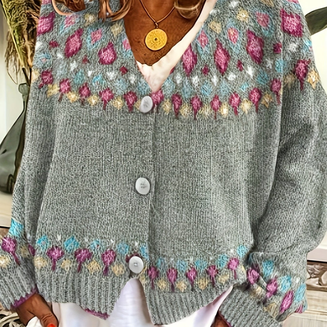 Rosalind Fair Isle knit cardigan, grey, close-up front view with buttons