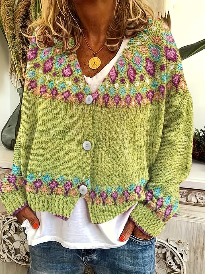 Rosalind Fair Isle knit cardigan, greenish yellow, close-up front view with buttons
