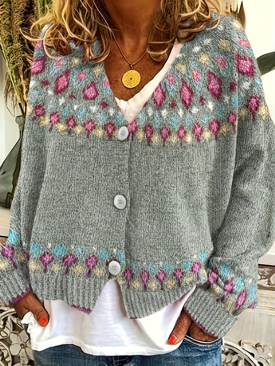 Rosalind Fair Isle knit cardigan, grey, close-up front view with buttons