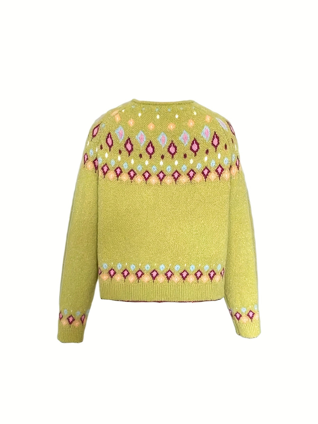 Rosalind Fair Isle knit cardigan, greenish yellow, flat lay back view