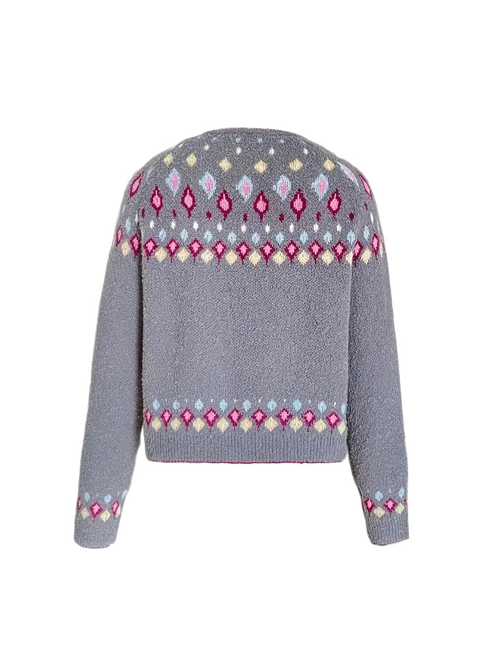 Rosalind Fair Isle knit cardigan, grey, flat lay back view