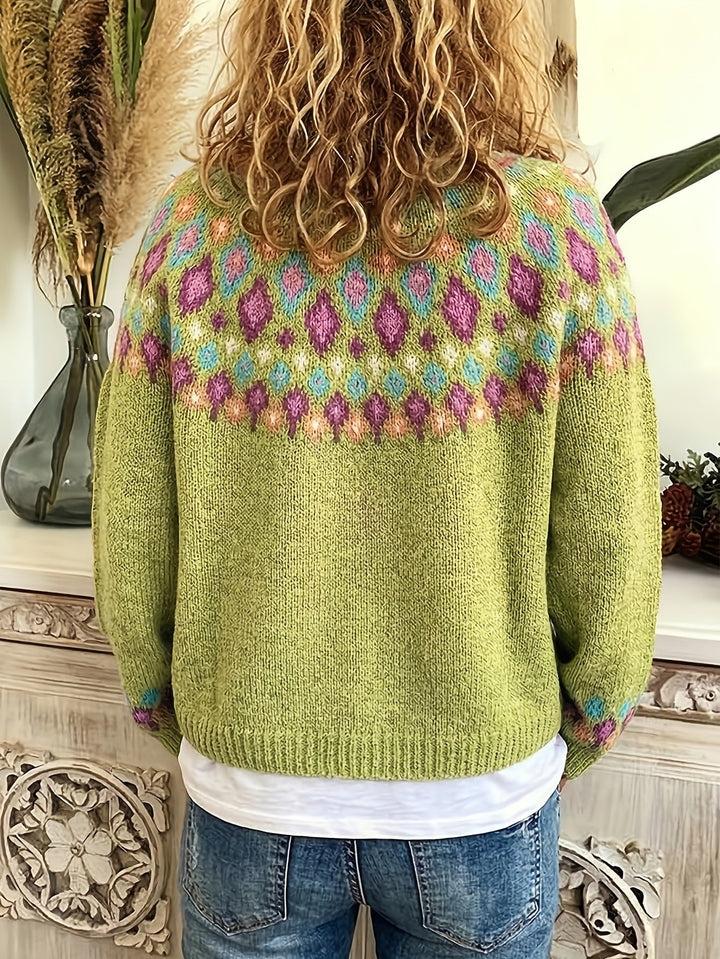 Rosalind Fair Isle knit cardigan, green, worn back view