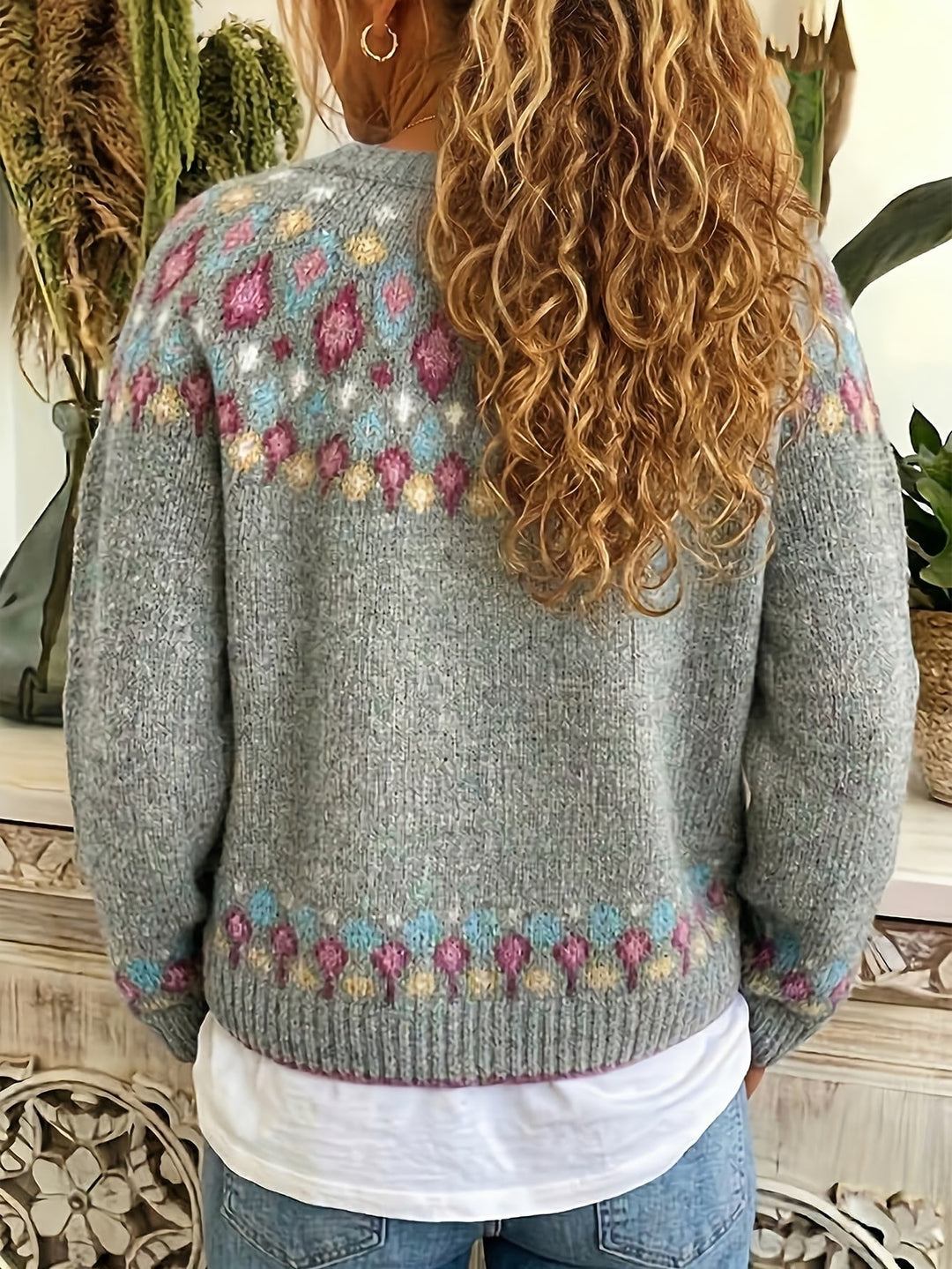 Rosalind Fair Isle knit cardigan, grey, worn back view