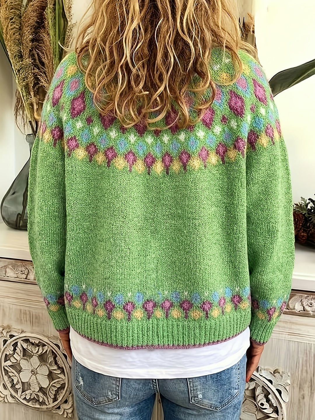 Rosalind Fair Isle knit cardigan, green, worn back view