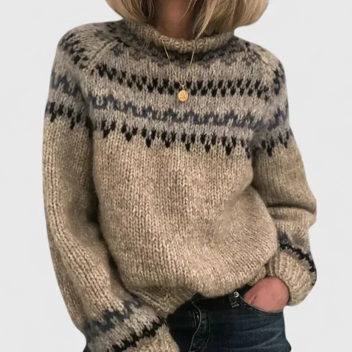 Rosalind Fair Isle turtleneck sweater in camel, front view close-up