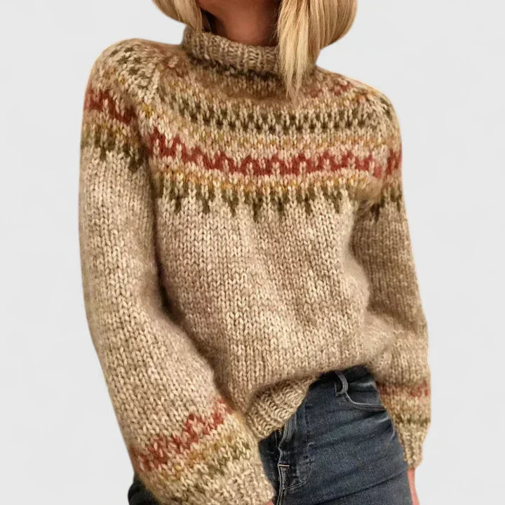 Rosalind Fair Isle turtleneck sweater in a multicolor knit pattern, side view