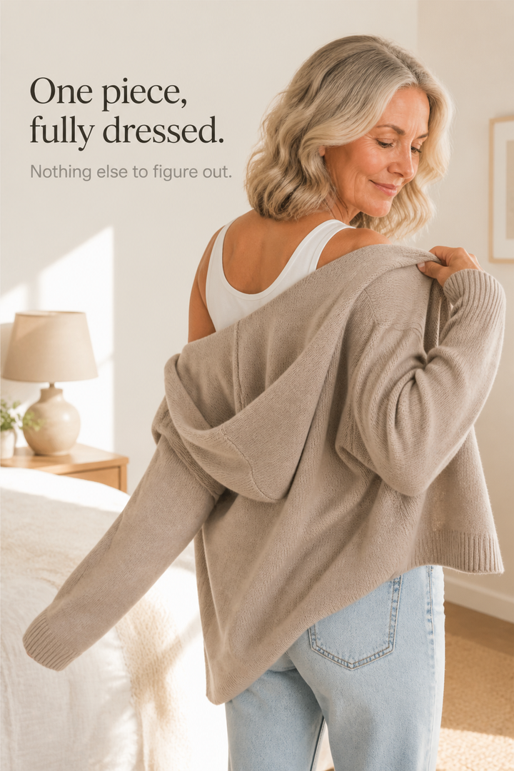 Rosalind hooded ribbed knit cardigan, styled outdoors with hood pulled up