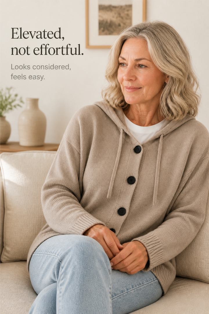 Rosalind hooded ribbed knit cardigan, styled outdoors with hood pulled up
