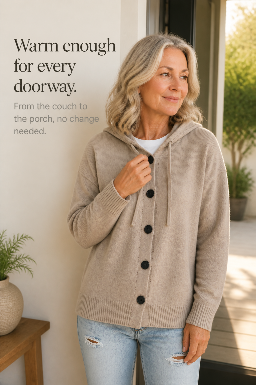 Rosalind hooded ribbed knit cardigan, styled outdoors with hood pulled up