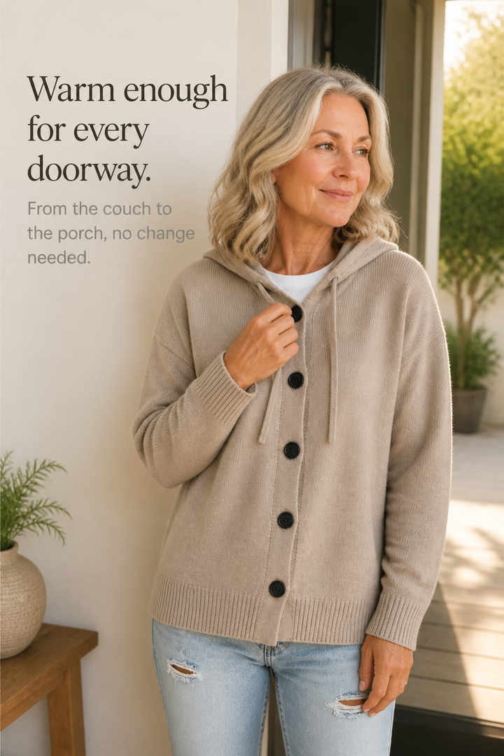 Rosalind hooded ribbed knit cardigan, styled outdoors with hood pulled up