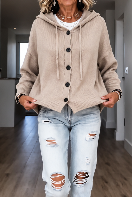 Rosalind hooded ribbed knit cardigan, styled outdoors with hood pulled up